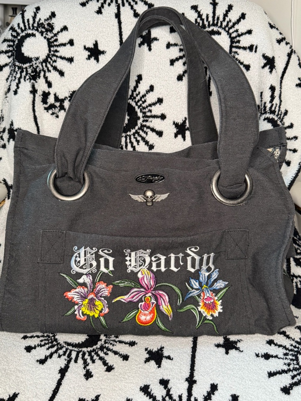 Ed Hardy Large Oversized Embroidered Floral Canvas Tote Bag